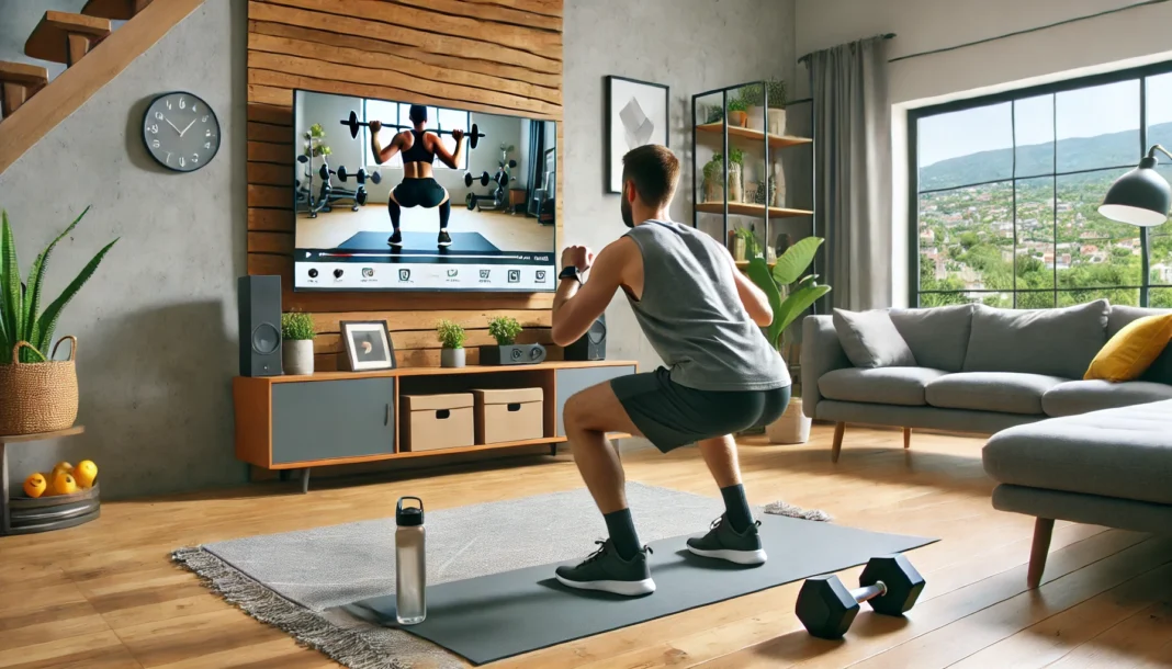 A home workout scene featuring a person following an online fitness video on a large TV screen, performing squats and lunges on a yoga mat with dumbbells and a water bottle nearby in a modern, well-lit living room.