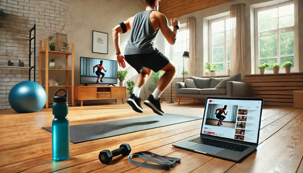 A high-energy cardio workout session at home, showing a person following a YouTube fitness video on a laptop while performing jumping jacks, with a yoga mat, resistance bands, and a water bottle in a bright and spacious workout area.