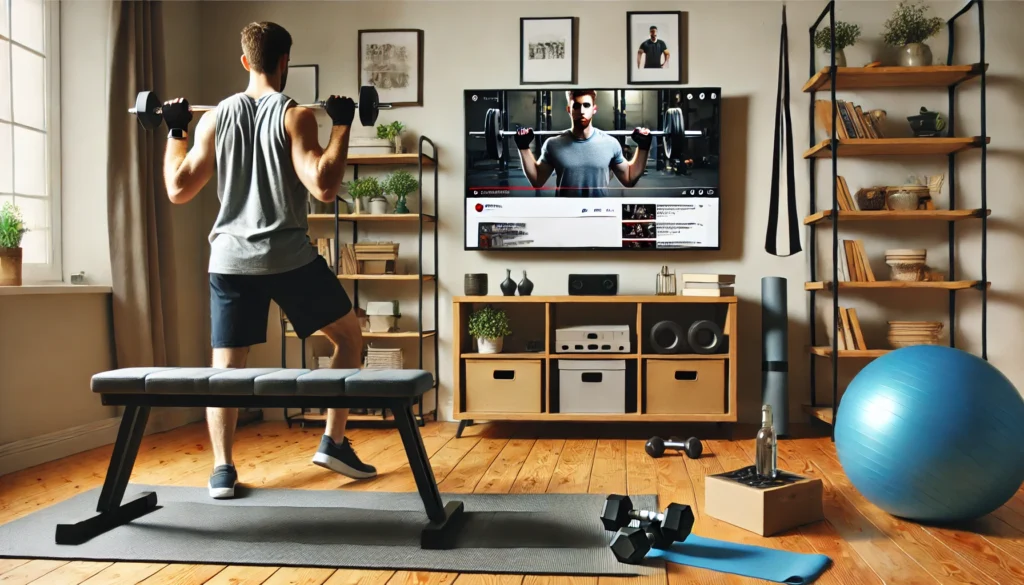 A strength training workout session at home, where an individual is lifting dumbbells while watching a YouTube fitness video on a TV screen, with a workout bench, yoga mat, and resistance bands neatly arranged in the background.