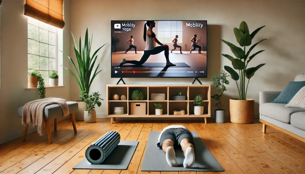 A yoga and mobility workout session in a peaceful home setting, featuring a person following a guided YouTube yoga class on a smart TV, with a yoga mat, foam roller, and potted plants creating a calming atmosphere.