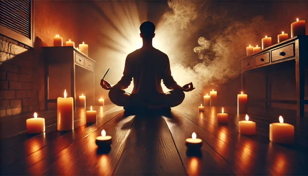 A person meditating in a dimly lit room with candles and a soft glow, surrounded by warm ambient lighting and subtle incense smoke, representing deep introspection and emotional tranquility.