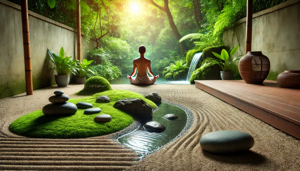 A tranquil Zen garden with a meditating person seated in a lotus position near a flowing water feature, with meticulously raked sand and lush greenery, evoking deep mindfulness.