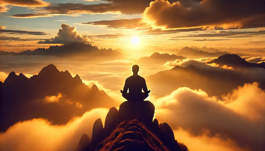 A serene meditation scene featuring a person sitting cross-legged on a mountain peak at sunrise, surrounded by mist and golden light, symbolizing clarity and focus.