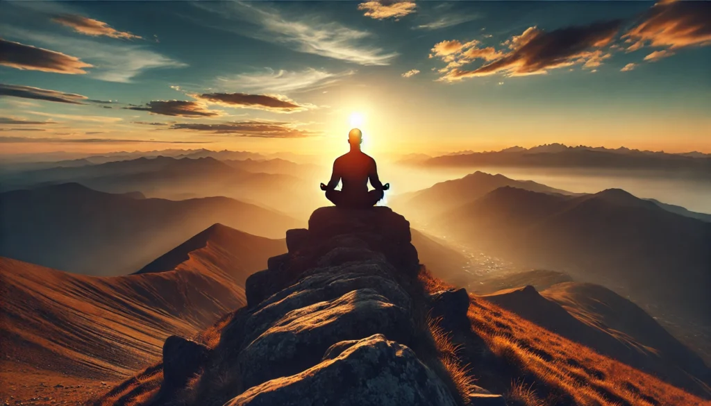 A meditating figure sitting cross-legged on a mountain peak at sunrise, overlooking a vast landscape, symbolizing deep mindfulness, mental clarity, and the transformative power of meditation.