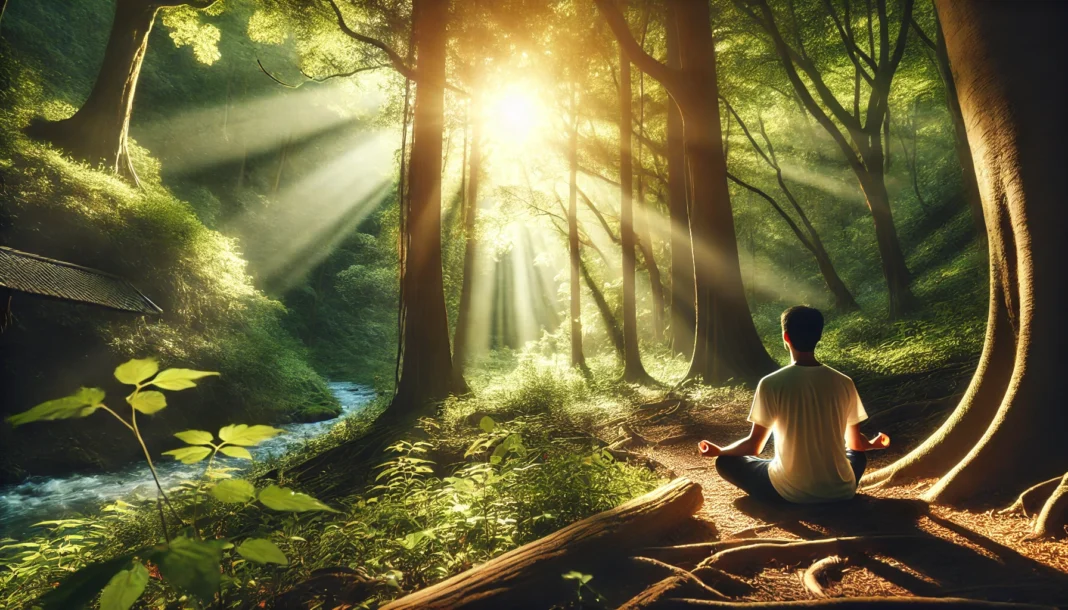 A peaceful scene of a person meditating in a tranquil forest, surrounded by lush greenery and soft sunlight filtering through the trees, evoking mindfulness and inner peace.