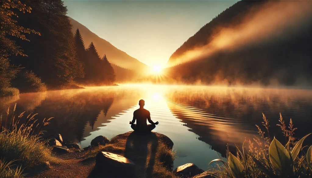 A tranquil lakeside meditation scene at sunrise, with a person sitting in deep meditation near the water’s edge, mist rising from the lake, and a soothing ambiance embodying the calming effects of guided meditation.