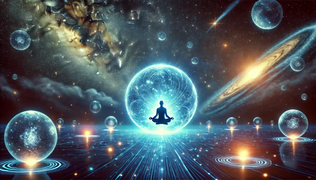 A cosmic meditation scene with a person meditating inside a glowing energy sphere, floating among the stars, representing higher consciousness, spiritual awakening, and the expansive benefits of guided meditation.