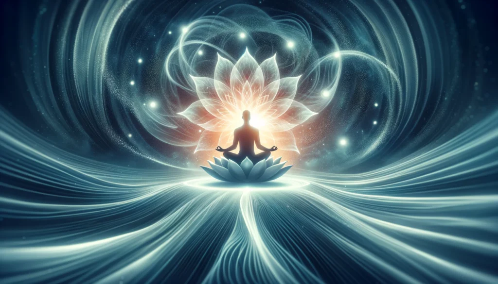 A peaceful meditation scene with a person sitting cross-legged on a floating lotus, surrounded by soft, swirling energy waves, conveying deep relaxation, self-awareness, and inner peace.