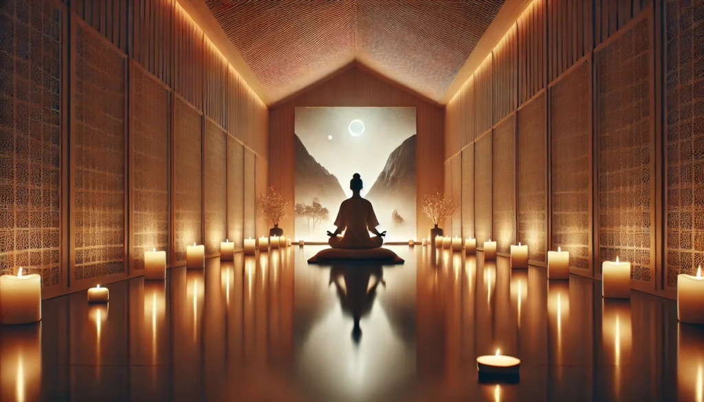 A serene indoor meditation space with a person sitting on a cushion, surrounded by candles and soft ambient lighting. The peaceful atmosphere reflects deep mindfulness, daily self-reflection, and emotional balance achieved through consistent meditation.