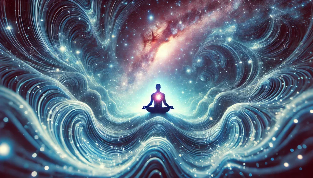 A cosmic meditation scene with a person floating in a galaxy of stars, surrounded by gentle waves of energy. The image conveys the vastness of consciousness, symbolizing deep mindfulness and heightened self-awareness.