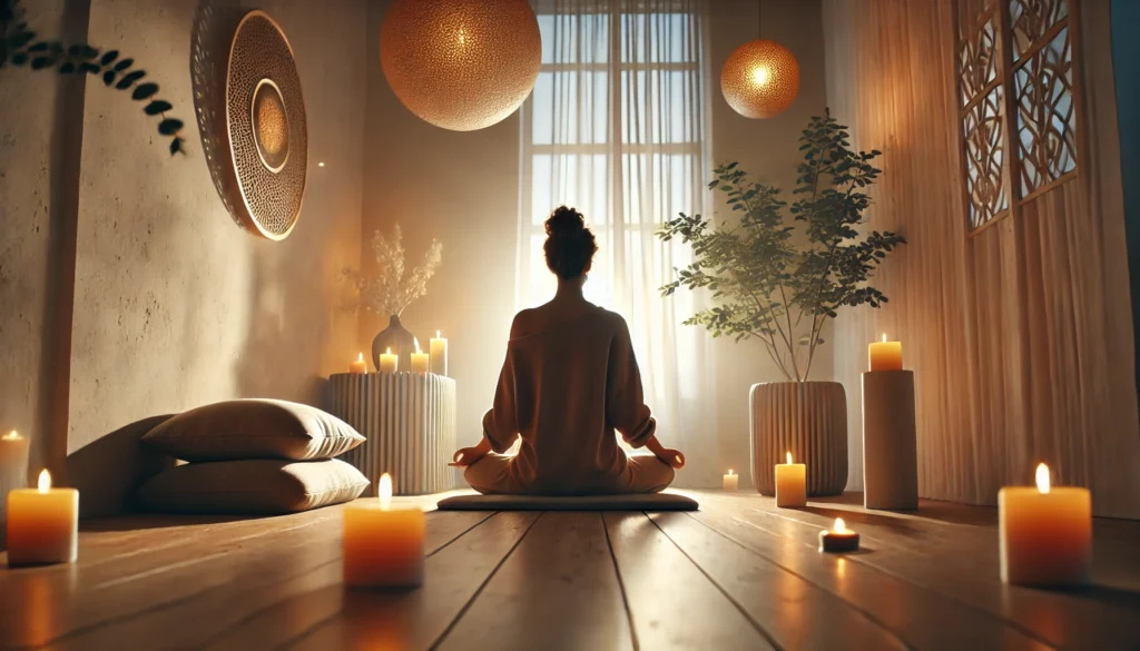 A minimalist indoor meditation space with a person sitting on a cushion in deep mindfulness. Soft candlelight and gentle ambient lighting create a calming atmosphere, reflecting the practice of self-awareness and mindfulness.