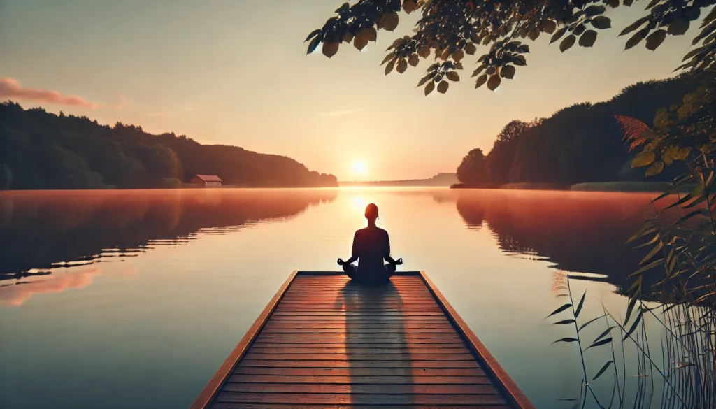 A peaceful lakeside scene at sunset with a person sitting on a wooden dock, meditating in a lotus position. The still water reflects the soft hues of the sky, creating a tranquil atmosphere that represents mindfulness and mental clarity.