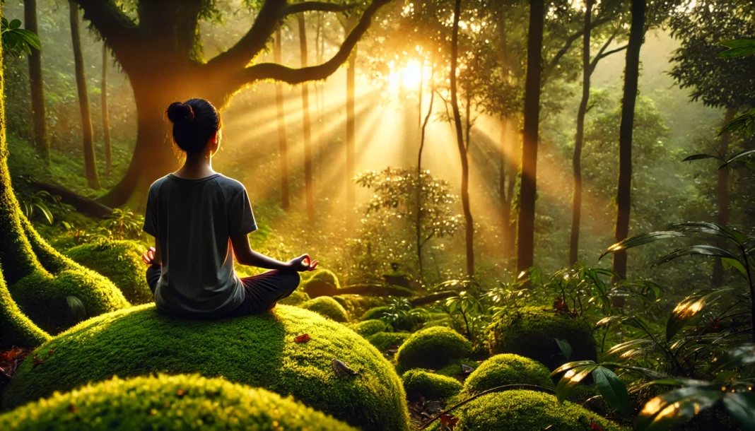 A serene scene of a person meditating in a lush forest during sunrise. Soft golden light filters through the trees, illuminating the peaceful figure sitting cross-legged on a moss-covered ground, symbolizing mindfulness and inner awareness.