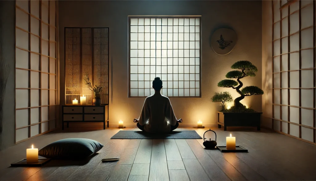 A peaceful indoor meditation scene with a person sitting in a traditional Zen meditation pose inside a minimalist room. Soft candlelight and a small Zen garden in the background enhance the tranquil atmosphere, representing deep focus and mindfulness.