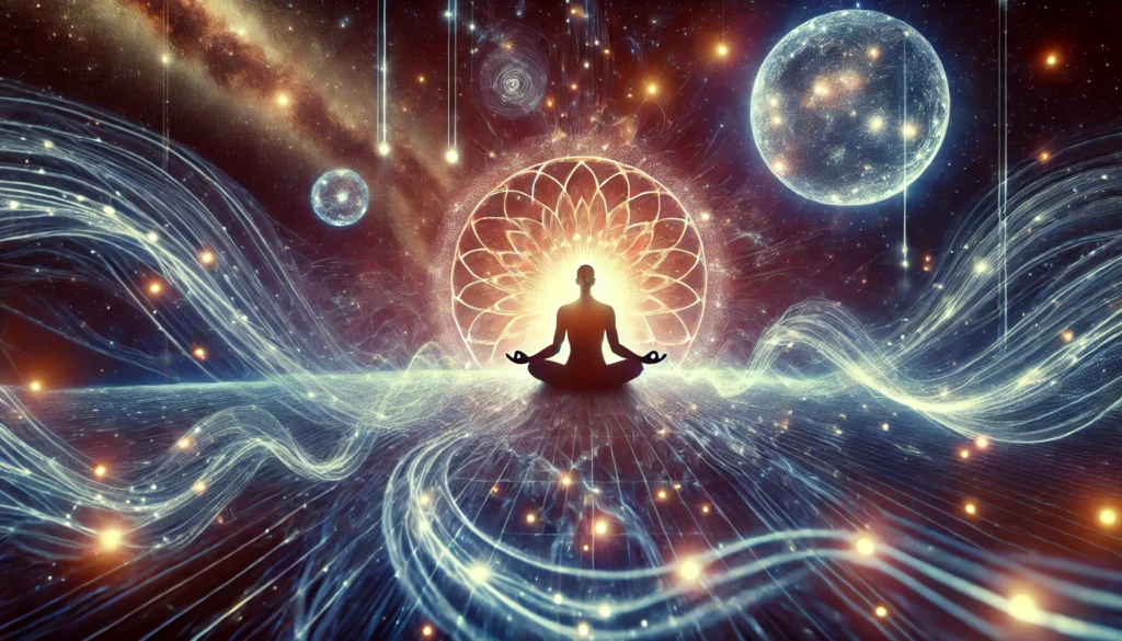 A cosmic meditation scene featuring a person practicing transcendental meditation while floating in space, surrounded by glowing energy waves and distant stars. The image conveys deep inner awareness and spiritual connection.