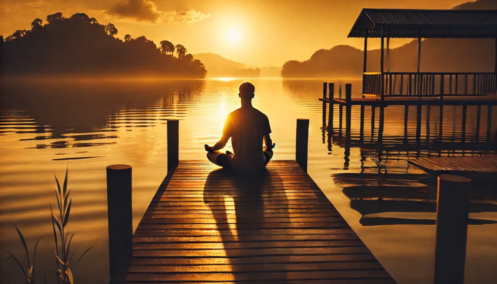 A peaceful lakeside meditation scene at sunset with a person practicing guided meditation on a wooden dock. The calm water reflects the golden sky, creating an atmosphere of deep relaxation and mindfulness.