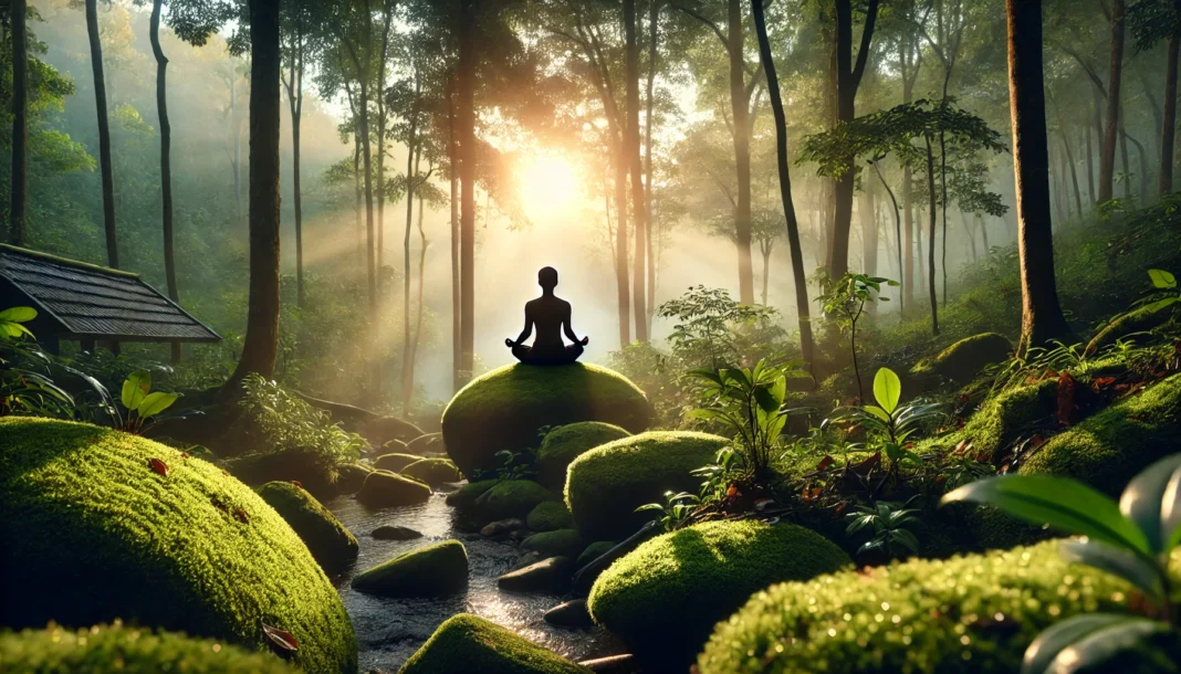 A serene meditation scene featuring a person practicing mindfulness meditation in a tranquil forest at sunrise. The individual is sitting cross-legged on a moss-covered rock, surrounded by lush greenery and gentle mist, symbolizing inner peace and awareness.