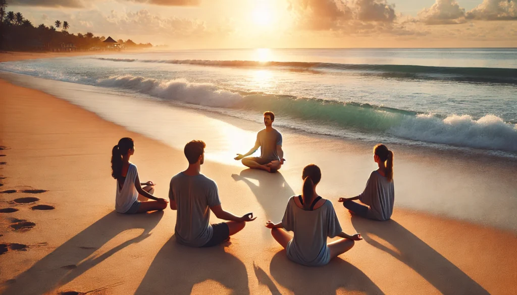 A tranquil beach meditation session at sunrise with a meditation instructor guiding a small group. The participants sit cross-legged in the soft sand, following the teacher’s guidance, as the waves gently crash in the background, symbolizing mindfulness and serenity.