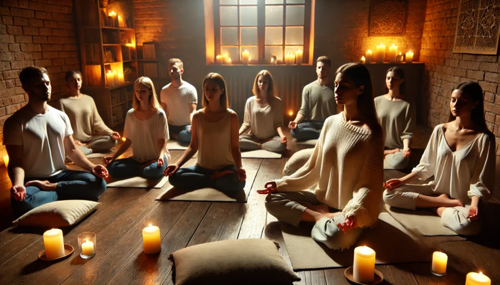 A meditation teacher leading a guided mindfulness session in a dimly lit room with candles and soft cushions. The participants sit comfortably with their eyes closed, following the instructor’s guidance, as the atmosphere radiates peace and relaxation.