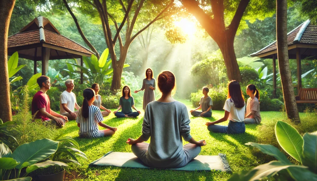 A peaceful outdoor meditation session in a lush garden with a teacher leading a group of students. The instructor sits calmly, guiding the group as they practice mindfulness under the shade of tall trees, surrounded by nature and soft sunlight.