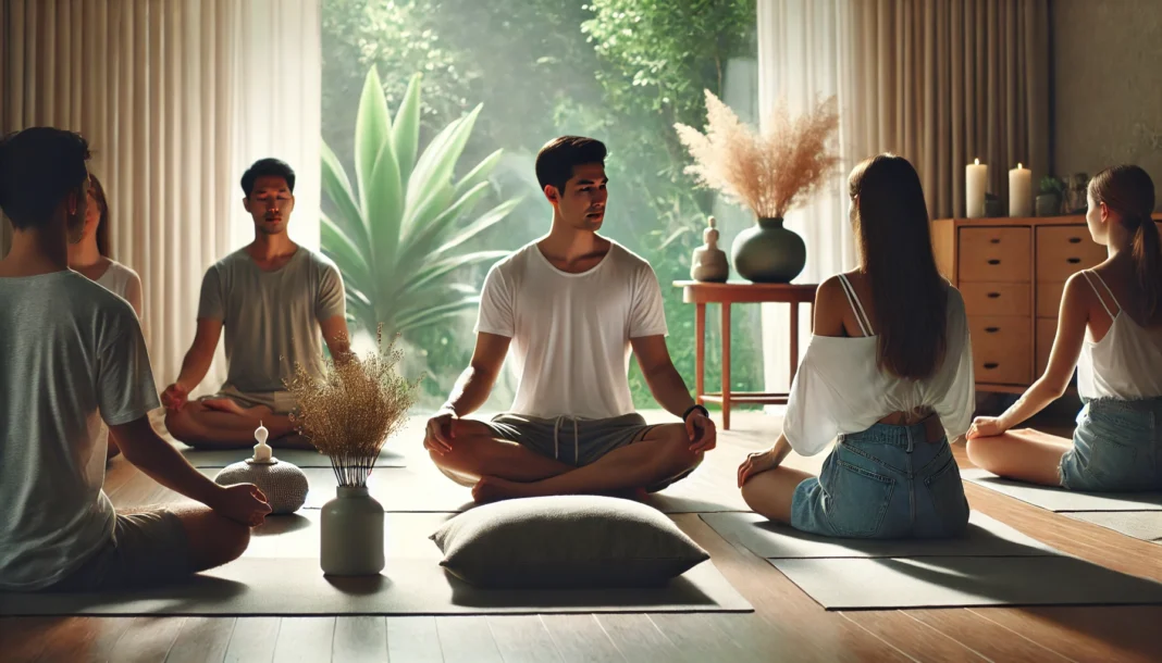 A serene meditation class in a tranquil studio with a meditation instructor guiding a group of diverse individuals. The instructor sits on a cushion, demonstrating mindfulness techniques, while soft ambient lighting and natural elements enhance the calming atmosphere.