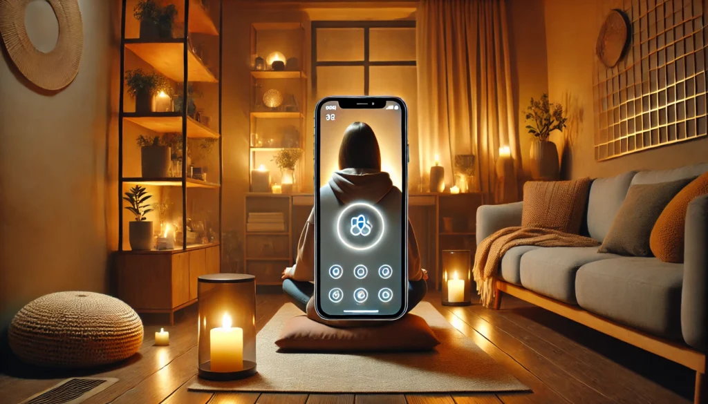 A cozy indoor meditation space with a person sitting on a cushion, using a guided meditation app on their phone. The room features warm lighting, candles, and a minimalist design, creating a peaceful and calming atmosphere. The phone screen emits a soft glow, symbolizing digital mindfulness.