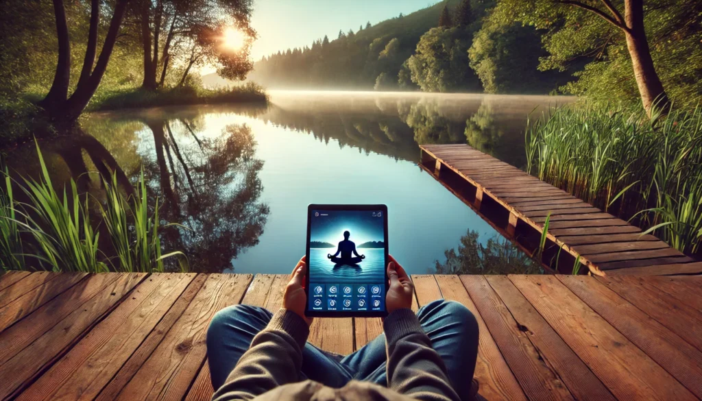 A serene outdoor setting with a person sitting cross-legged on a wooden deck by a calm lake, using a meditation mobile app on a tablet. The screen displays a peaceful interface, blending technology with nature. The surrounding trees and water reflect tranquility and mindfulness.