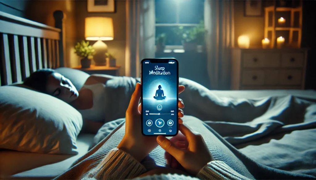 A tranquil bedroom setting with a person lying in bed using a sleep meditation app on their smartphone. The phone screen glows softly, showing a calming meditation interface. The room has dim lighting, a cozy blanket, and a peaceful atmosphere, symbolizing the role of meditation apps in improving sleep quality.