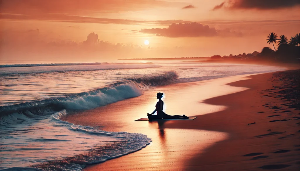 A peaceful beach scene with a person practicing yoga on the shore at sunset. The waves gently touch the sand, and the sky is painted in warm hues, creating a calming and meditative atmosphere that embodies mindfulness and relaxation.