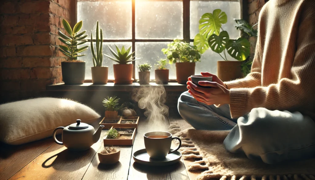 A cozy indoor scene with a person practicing mindfulness by sipping tea near a large window. Soft natural light filters through, illuminating a peaceful atmosphere with houseplants, a warm blanket, and a steaming cup of tea, emphasizing relaxation and awareness.