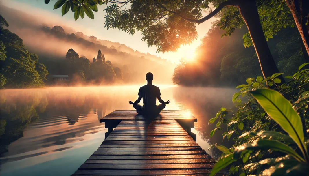 A serene nature scene with a person meditating near a tranquil lake at sunrise. The individual sits cross-legged on a wooden dock, surrounded by misty water and lush greenery, evoking a sense of mindfulness and peaceful awareness.