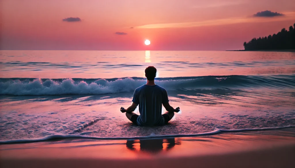 A tranquil beach at sunset with gentle waves meeting the shore, where a person sits in a meditative posture on the sand, embracing the peaceful rhythm of nature under a glowing horizon.
