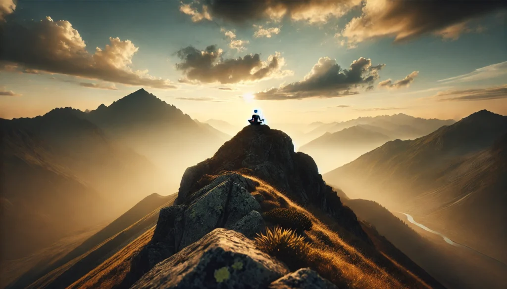 A serene mountain peak scene with a lone person meditating on a rocky outcrop, bathed in golden sunset light, evoking a deep sense of calm and mental clarity.
