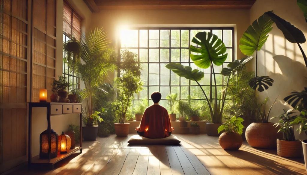 A peaceful indoor meditation setting with soft natural light streaming through large windows, as a person sits in a meditative pose on a cushion, surrounded by lush green plants in a tranquil atmosphere.
