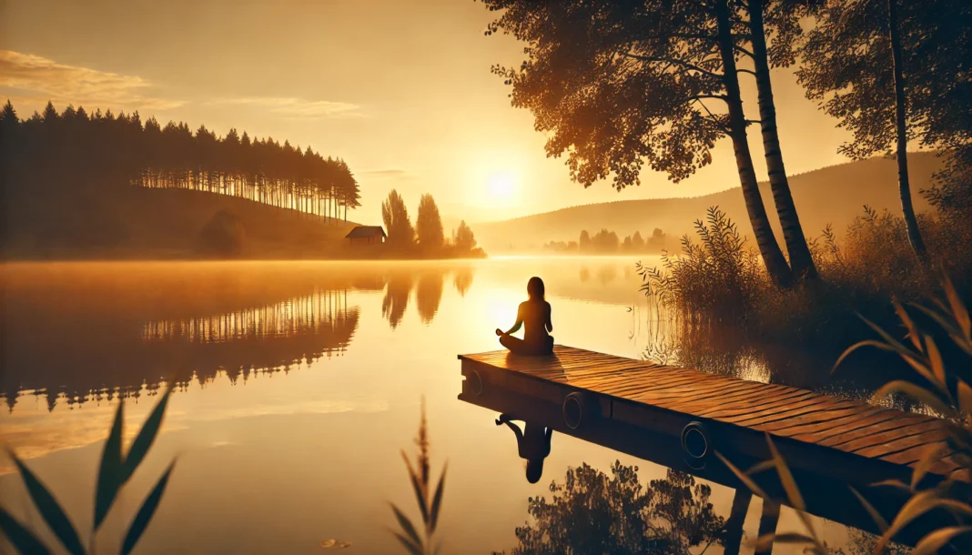 A serene landscape at sunrise featuring a calm lake with golden reflections, where a person sits cross-legged on a wooden dock, peacefully meditating amidst swaying trees.