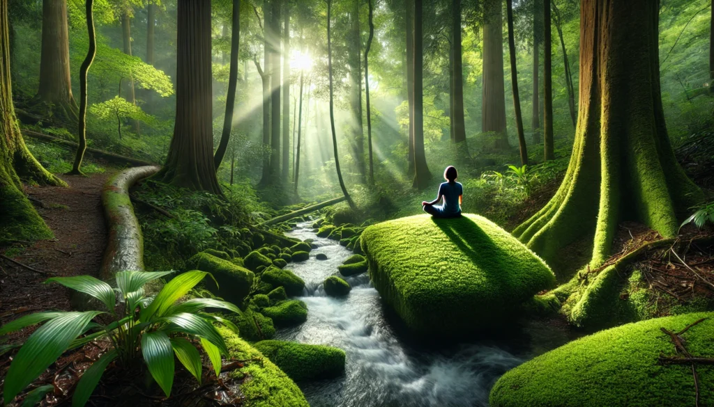 Forest meditation with sunlight filtering through trees – A person meditates on a moss-covered rock near a gentle stream in a lush green forest, with sunlight streaming through tall trees, creating an atmosphere of serenity, connection, and deep mindfulness.
