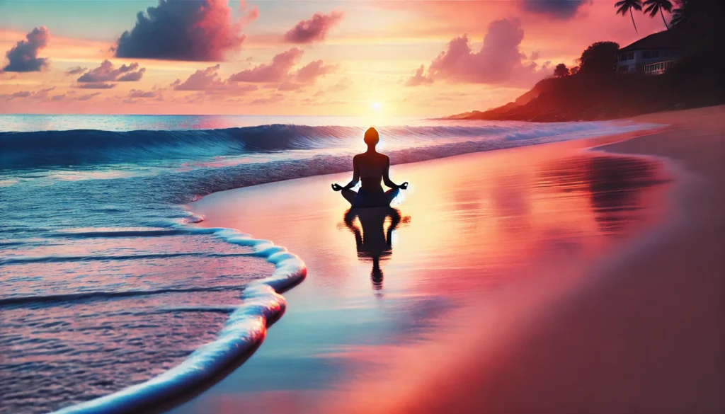 Tranquil beach meditation at sunset – A peaceful scene of a person sitting in meditation on the sand, facing the ocean as waves gently lap the shore, with the sunset casting hues of pink, orange, and blue, evoking relaxation and mental clarity.
