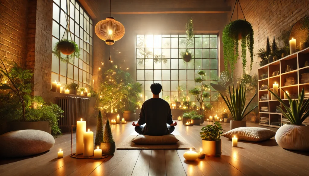 Peaceful indoor meditation space – A warmly lit meditation room with large windows allowing natural light, where a person sits in a meditative pose on a soft cushion, surrounded by green plants and candles, creating an atmosphere of tranquility and mindfulness.
