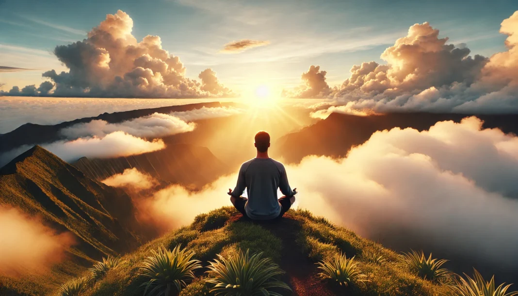 Serene mountain meditation at sunrise – A person sits cross-legged on a mountain peak, surrounded by soft clouds and golden sunlight, meditating peacefully with lush greenery in the background, embodying deep mindfulness and positivity.