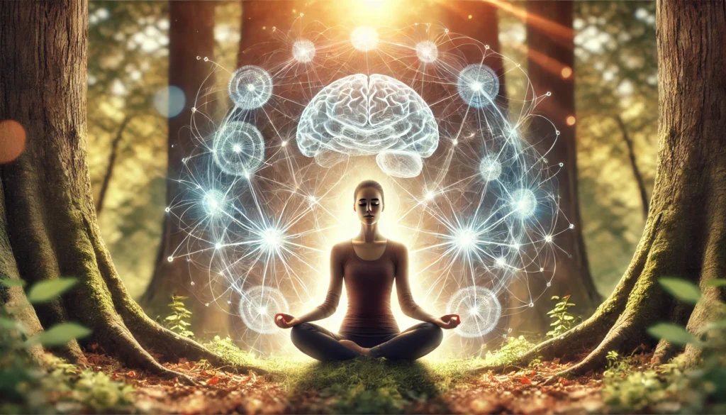 Meditator surrounded by neural energy in nature – A person meditating in a tranquil natural environment, surrounded by ethereal neural pathways glowing softly in golden sunlight, representing the harmony between neuroscience and mindfulness.
