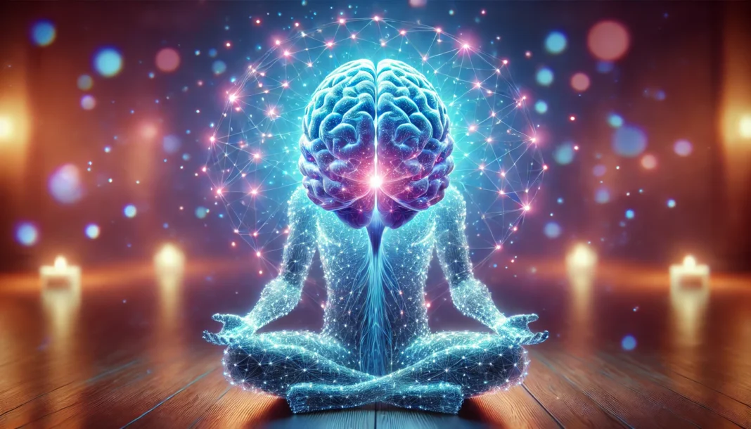 Futuristic brain visualization with neural connections – A digital representation of a glowing human brain with illuminated neural pathways in blue and purple hues, set against a serene meditation backdrop, symbolizing the intersection of neuroscience and meditation.