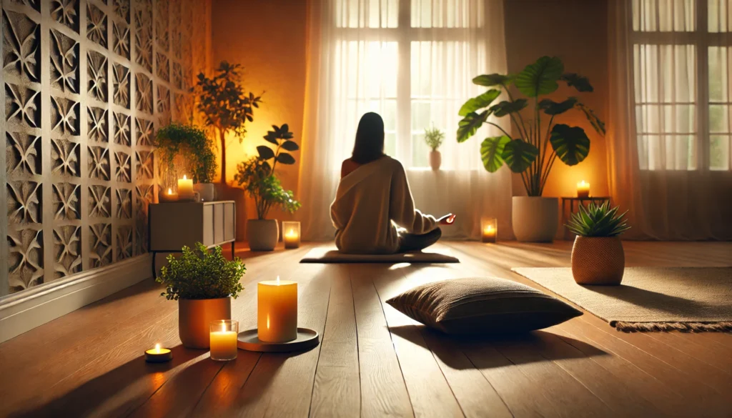 Cozy indoor meditation space with candlelight – A peaceful indoor meditation setting with a person sitting on a soft cushion, surrounded by warm natural light, candles, and green plants, creating a tranquil ambiance of mindfulness and relaxation.
