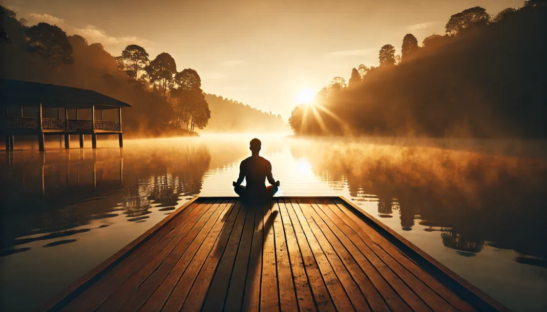 Tranquil lake meditation at sunrise – A person sits cross-legged on a wooden deck overlooking a calm lake, surrounded by mist and golden sunlight filtering through trees, creating a serene atmosphere of mindfulness and emotional resilience.