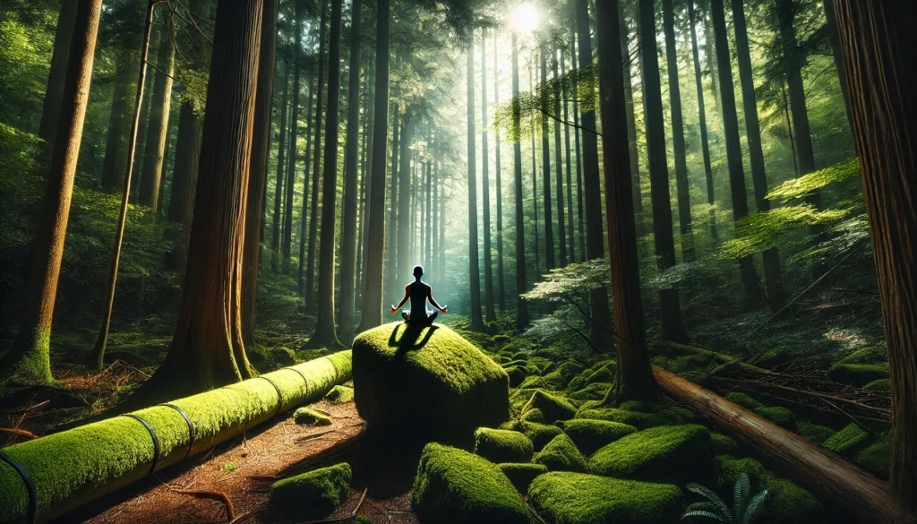 "A lush forest clearing with a lone individual practicing yoga in a meditative pose on a moss-covered rock. Sunlight filters through tall trees, creating a grounding ambiance that embodies mindfulness, serenity, and a deep connection with nature."