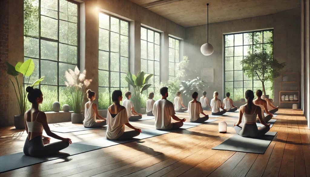 "A peaceful indoor yoga and meditation retreat bathed in soft natural light. A group of people sits on yoga mats in a spacious, minimalist room with wooden floors and greenery, deeply immersed in mindful breathing and relaxation."