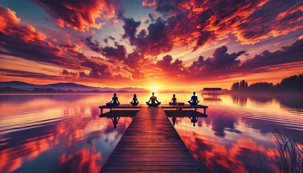 "A tranquil lakeside scene at sunset, featuring individuals engaged in yoga and meditation on a wooden dock. The vibrant sky reflects on the calm water, enhancing the sense of mindfulness, relaxation, and harmony with nature."