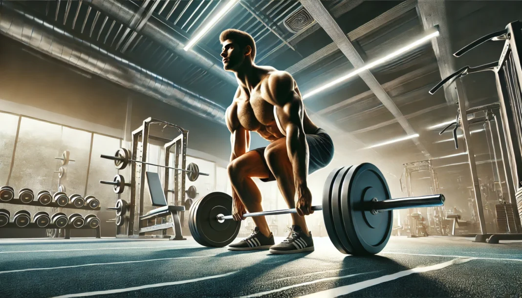 A muscular athlete performing a deadlift in a modern gym, showcasing strong posture, engaged core, and powerful leg drive. The gym features professional equipment and a well-lit, energetic environment.