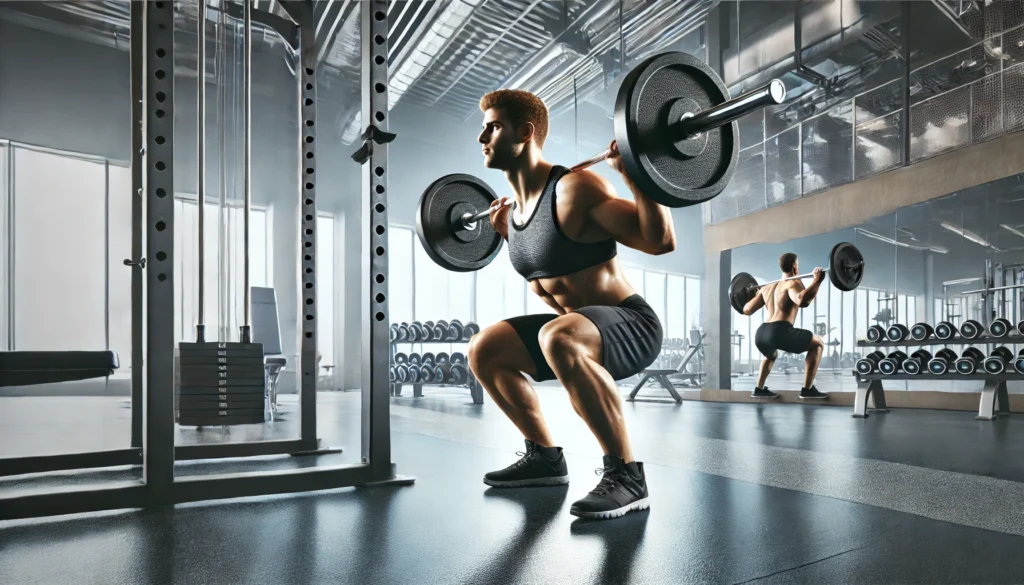 A fit athlete executing a barbell squat in a professional gym setting. The athlete maintains perfect form with aligned knees and a straight back, emphasizing leg and core strength.