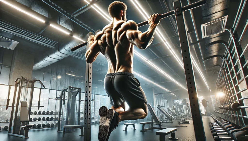 An athletic man performing pull-ups on a sturdy bar in a modern gym. His back muscles are prominently engaged, highlighting upper body strength, endurance, and functional fitness.