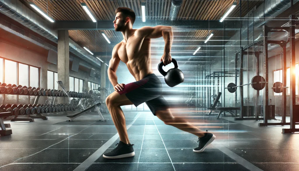 A fit athlete swinging a kettlebell dynamically in a modern gym, demonstrating full-body engagement, core stability, and explosive power. The background includes gym equipment and a vibrant training atmosphere.